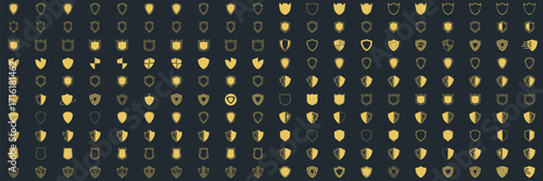 Shield icon set in vintage style. Protect shield security line icons. Badge quality symbol, sign, logo or emblem. Vector illustration	