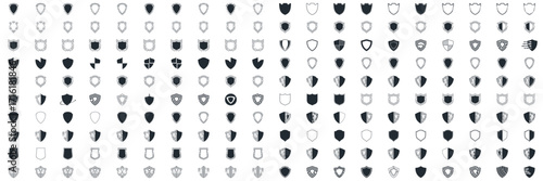 Shield icon set in vintage style. Protect shield security line icons. Badge quality symbol, sign, logo or emblem. Vector illustration	