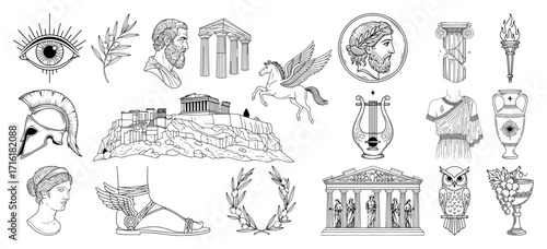 Ancient Greece Mythology and Culture Vector Illustrations Set