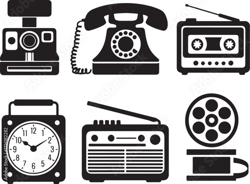 Vintage tech icons capture retro nostalgia and communication