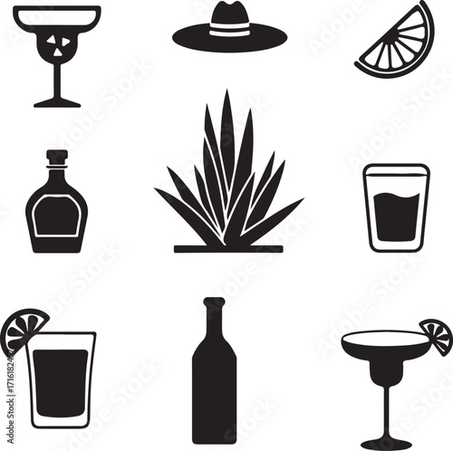 Mexican fiesta icons featuring tequila and agave plant