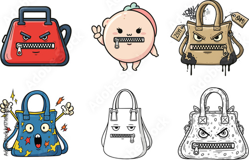 Cute cartoon handbags with angry, surprised, and cool expressions, zipper mouths, character faces, funny fashion accessories, vector illustration set