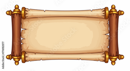 Vintage scroll with ornate wooden handles and golden accents, perfect for historical or fantasy designs.