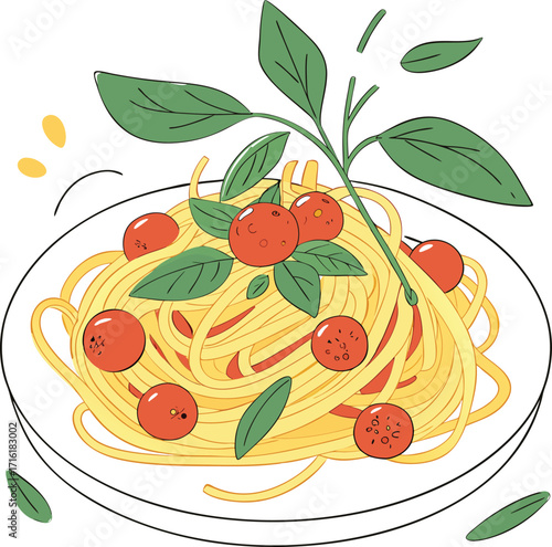 Vibrant plate of spaghetti with fresh basil leaves and sauce