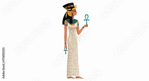 Elegant Egyptian queen holding ankh symbols, representing life and power in a stylized design