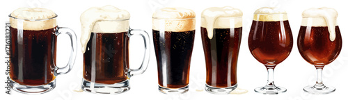 黒ビールの水彩風イラスト 泡の溢れる黒ビールと様々なグラスのベクターイラストセット