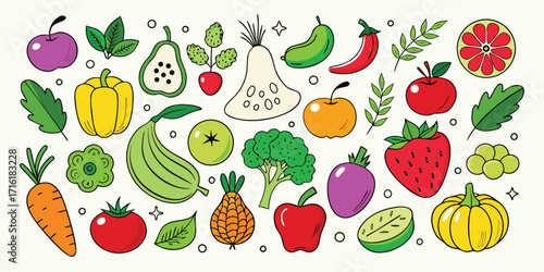 Vibrant assortment of fresh fruits and vegetables hand-drawn style for healthy eating and cooking