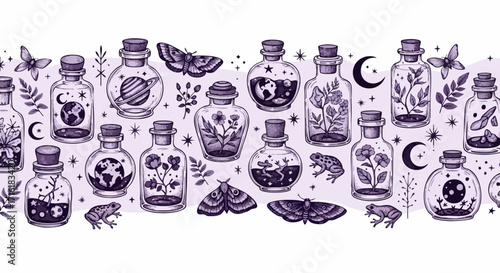 Whimsical potion bottles filled with celestial wonders, botanicals, and magical creatures inspire wonder