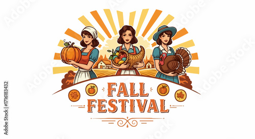 Fall Festival illustration with women, pumpkin, cornucopia, turkey, and harvest celebration