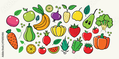 Vibrant assortment of fresh fruits and vegetables artistically rendered