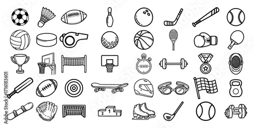 Sports Equipment and Balls Doodle Icons Set Vector