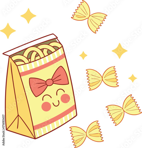 Charming pasta package design illustration featuring a bow tie character