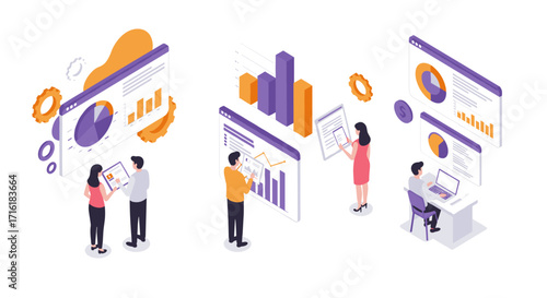 Isometric business analytics with charts and data visualization