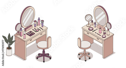 Elegant isometric makeup vanity with desk chair and accessories