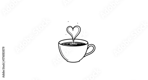 Line art illustration of a coffee cup with a heart-shaped steam, conveying a warm and comforting mood against a white background.
