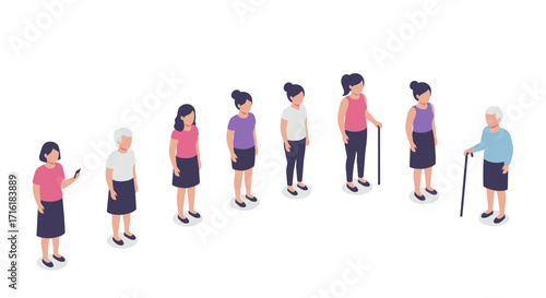 Evolution of woman through stages of life in isometric style
