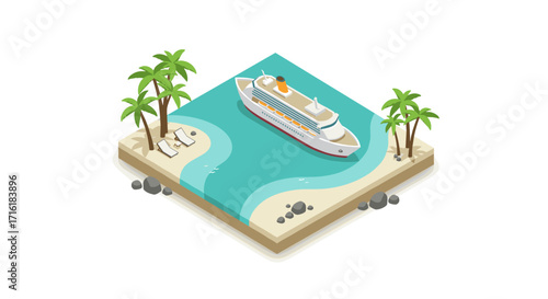 Isometric tropical island with cruise ship and palm trees by sandy beach