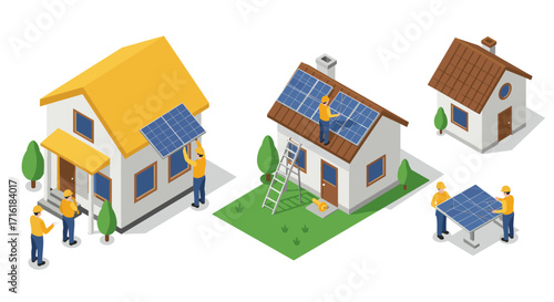 Isometric solar panel installation on homes with workers and tools