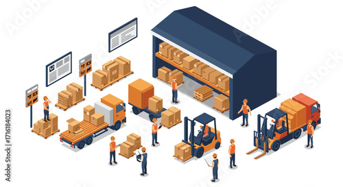 Isometric warehouse logistics with workers and forklifts in action