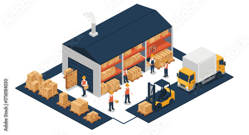 Isometric warehouse scene with workers, forklift, and delivery truck