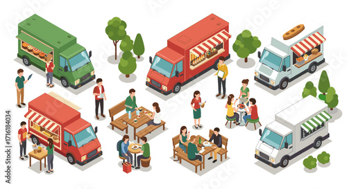 Isometric food truck market with diverse cuisine and people enjoying meals outdoors