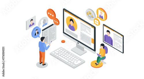 Remote collaboration in isometric office with team communication tools