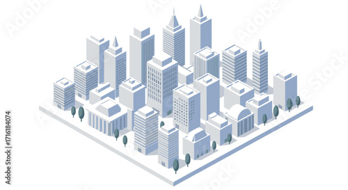 Futuristic isometric cityscape showcasing modern urban architecture in minimalist style
