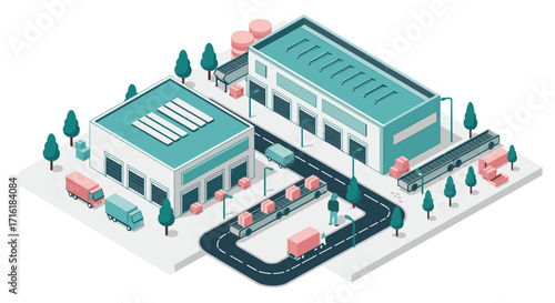 Modern isometric industrial complex with warehouses and distribution trucks