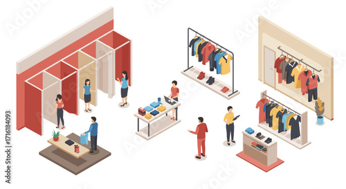 Isometric clothing store interior with people shopping and fitting rooms