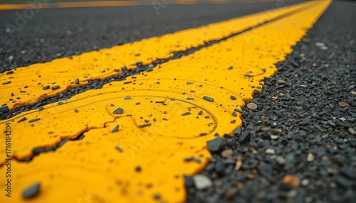 Close-up view of vibrant yellow road markings on asphalt,  yellow,  yellow paint