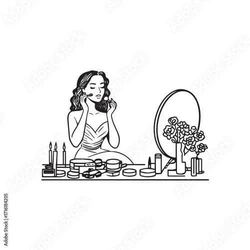 Black and white line art of a beautiful woman doing makeup at dressing table with mirror illustration
