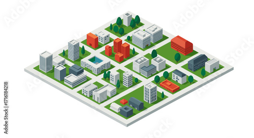 Isometric urban cityscape with buildings and green spaces