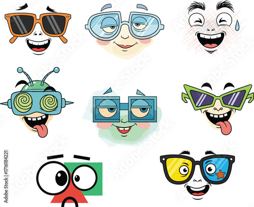 Funny cartoon faces with expressive glasses, playful character emotions, animated eyewear expressions for design and digital content
