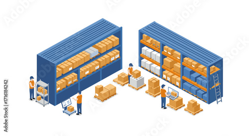 Isometric warehouse operations with workers and boxes