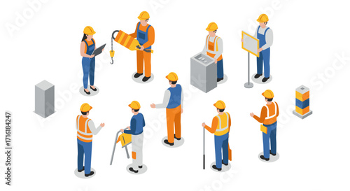 Isometric construction workers in safety gear discussing and planning on site