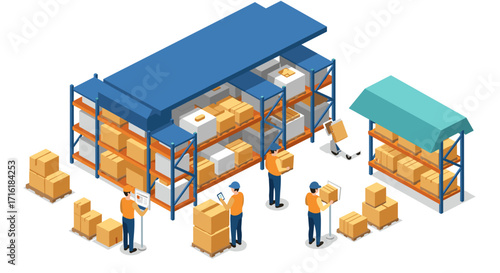 Efficient warehouse operations with workers managing boxes on shelves