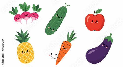 A cute collection of cartoon fruits and vegetables with happy faces, including radish, cucumber, apple, pineapple, and carrot.