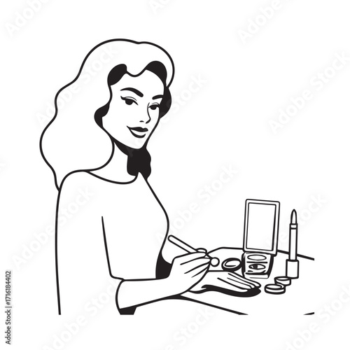 Black and white line art of a beautiful woman doing makeup at dressing table with mirror illustration