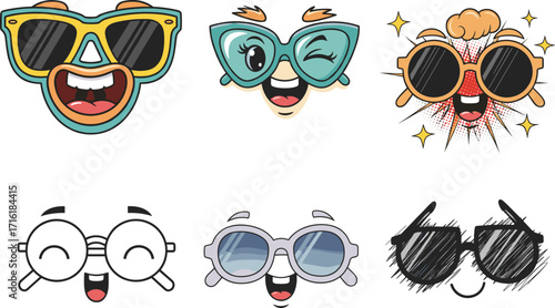Funny cartoon sunglasses with expressive faces, playful eyewear collection, animated glasses characters for fun and fashion design