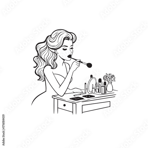 Black and white line art of a beautiful woman doing makeup at dressing table with mirror illustration