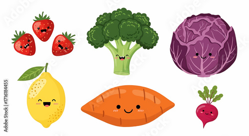 Cute cartoon illustration of various fruits and vegetables, including strawberries, broccoli, red cabbage, lemon, sweet potato, and radish.