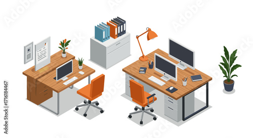 Modern isometric office workspace with computers and plants