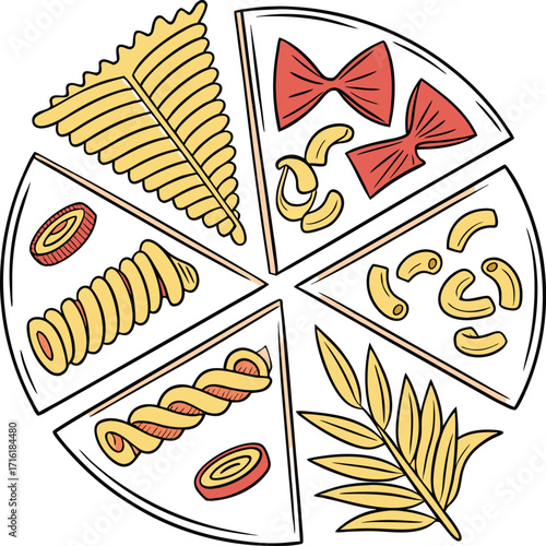 Collection of penne fusilli and farfalle pasta shapes illustrated