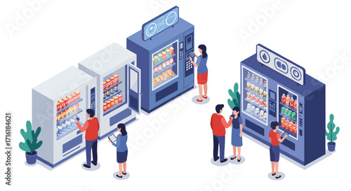 Isometric vending machine scene with people engaging in everyday activity