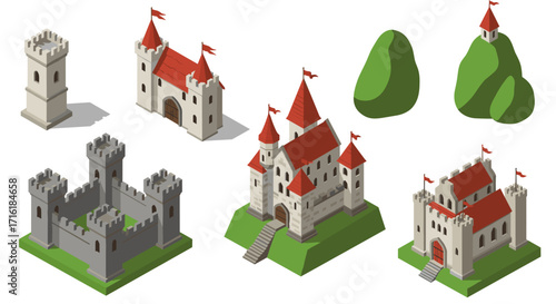 Medieval isometric castle collection with towers and trees