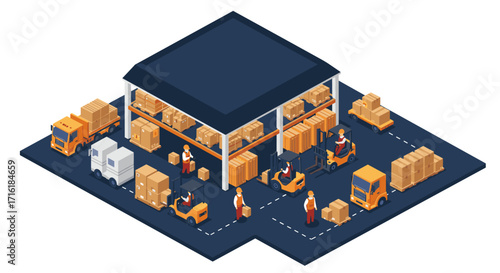 Isometric warehouse scene with workers and forklifts in action