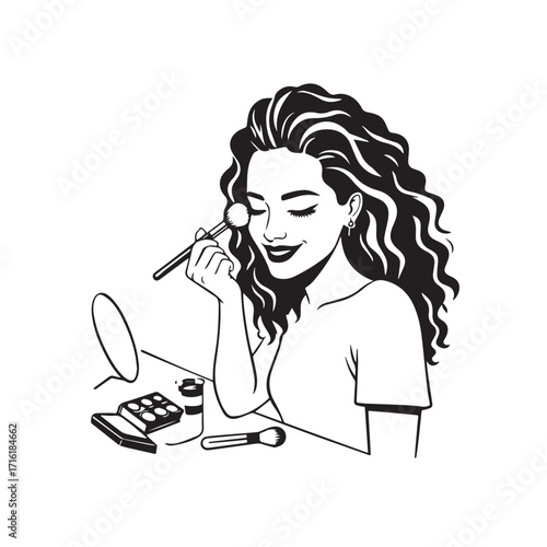 Black and white line art of a beautiful woman doing makeup at dressing table with mirror illustration