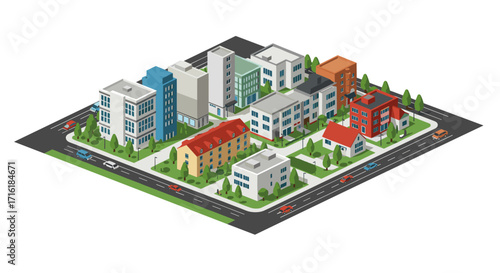 Modern isometric city block with colorful buildings and streets