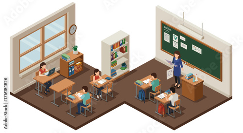 Modern isometric classroom with students and teacher engaged in learning activities
