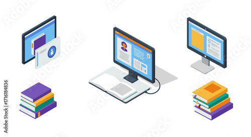 Digital library concept with desktop monitors and books in isometric design